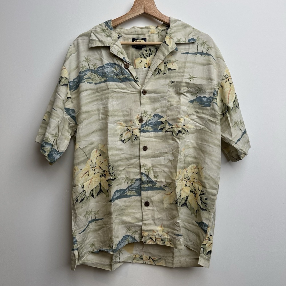 VTG Tommy Bahama Men's Medium Beige Hawaiian Floral Rayon Short Sleeve Button-Up